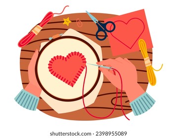 Top view on table with hands holding embroidery hoop with heart embroidery.  Sewing red heart , DIY. Cartoon vector illustration of hands sewing felt red heart decoration on cloth. 