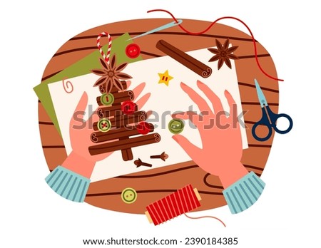 Top view on table with hands making christmas tree. Christmas tree from cinnamon sticks cartoon vector illustration, DIY. Christmas  tree  with dry anise and cinnamon sticks