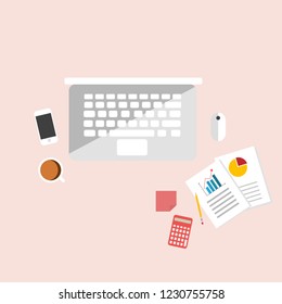 Top view on the table. It has laptop, business document, pencil, calculator, coffee paper note and smartphone. It's very busy table.