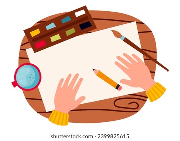 Top view on table with little hands with paints tools for drawing. Clean paper sheet with watercolor and pencil cartoon vector illustration.