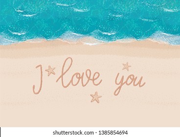 top view on the text I love you in the sand with starfish near the turquoise sea