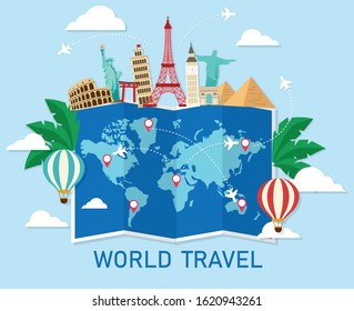 Illustration Bag Full Famous Monument Passport Stock Illustration 129063581