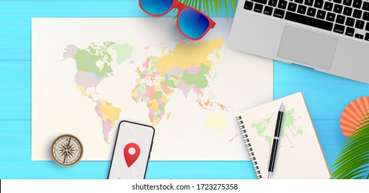 Top view on travel and tourism concept template, ready for summer banners design. Vector illustration