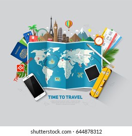 Top view on travel and tourism concept template, ready for summer banners design. Vector illustration  - Shutterstock ID 644878312