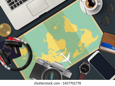 Top view on travel and vacations background Vector