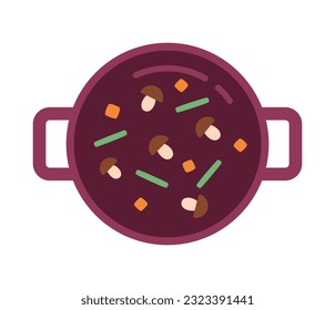 Top view on vegetables in pot semi flat colour vector object. Boiling soup. Editable cartoon clip art icon on white background. Simple spot illustration for web graphic design
