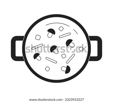 Top view on vegetables in pot monochrome flat vector object. Boiling soup. Editable black and white thin line icon. Simple cartoon clip art spot illustration for web graphic design