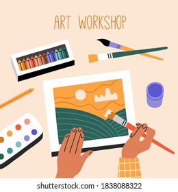 Top view on watercolor painting process, children draw, workshop educational courses for kids. Hand drawn template of illustration in modern cartoon flat style, isolated on beige background. 