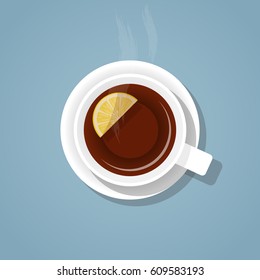 Top view on a white cup of hot, fragrant, freshly brewed gray tea with lemon and steam, on a saucer with a shadow isolated on a blue background. A mixture of realistic and flat styles vector