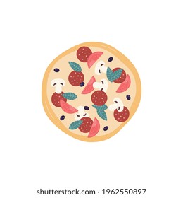 Top view on whole pizza with sausage and mushrooms, flat vector illustration isolated on white background. Cartoon colorful icon of italian delicious pizza.