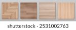 Top view on wood floor surface. Realistic 3d vector illustration set of brown wooden herringbone and plank pattern laminate or parquetry tile samples. Natural hardwood texture plank tabletop.