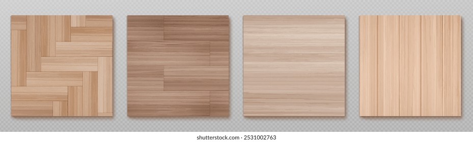 Top view on wood floor surface. Realistic 3d vector illustration set of brown wooden herringbone and plank pattern laminate or parquetry tile samples. Natural hardwood texture plank tabletop.