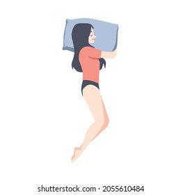 Top view on young beautiful woman sleeping pose on side on pillow. Night posture for comfortable rest during slumber. Flat cartoon vector illustration isolated on white background.