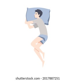 Top view on young man sleep position on side on pillow. Night posture for comfortable rest during slumber. Flat cartoon vector illustration isolated on white background