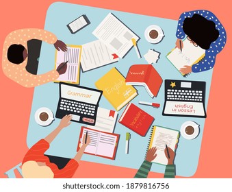 Top view on young people learning foreign language together on a project around a table with a laptop and notebooks in a teamwork concept, colored vector illustration