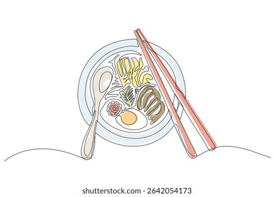 A top view one line drawing of a Japanese ramen bowl with chopsticks and spoon, illustrating a minimalist and aesthetic dining concept. Vector Editable stroke