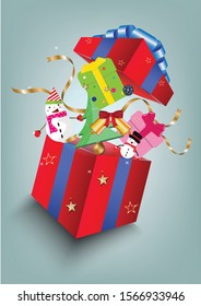 Top view open 3d gift box for Christmas and New Year's Day.Open red gift with snow man,ball,gold start, Christmas tree,blue ribbons.Vector concept celebrate and Christmas day.