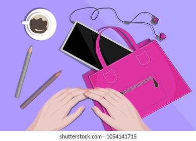 Top view of open bag with tablet inside, pencils, earphones and cup of coffee. Vector illustration of women accessories