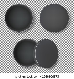 top view of open black round metal box isolated on white background