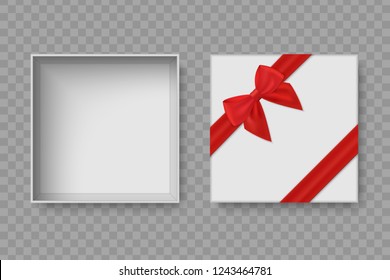 Top view open blank box isolated. Empty package with  bow and ribbon