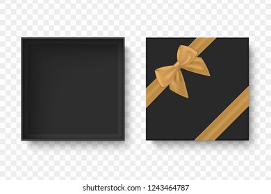 Top view open blank box isolated. Empty package with  bow and ribbon