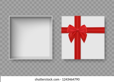 Top view open blank box isolated. Empty package with  bow and ribbon