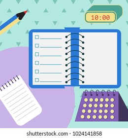 Top view open blue notebook and objects on green and cycle purple background. for creative workplace. Business concept working plan. Workspace concept design pastel color style. Top 5 year plan.