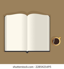 Draufsicht des offenen Buches mit unscharfen Seiten, Tee-Mug-Element auf braunem Hintergrund.