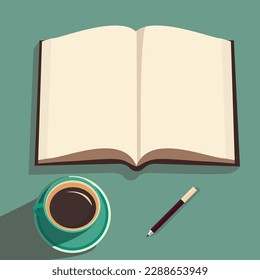Top View of Open Book With Blank Pages, Pencil, Tea Cup Element On Pastel Teal Background.