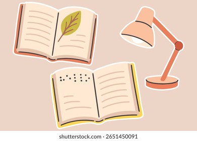Vista superior de livros abertos com páginas botânicas e braile, emparelhado com lâmpada de leitura em fundo macio. Combinação de ferramentas de educação inclusiva e literatura clássica