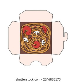 Caja abierta con fideos de camarón y verduras. Un plato de cocina japonesa o china. Ilustración vectorial en estilo plano