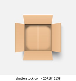 Top view open cardboard box mockup isolated on white background, vector illustration