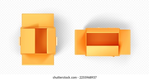 Top view of open cardboard box isolated on transparent background. 3D vector illustration of empty delivery package or parcel mockup png. Cargo packing, shipping and storage service icon design