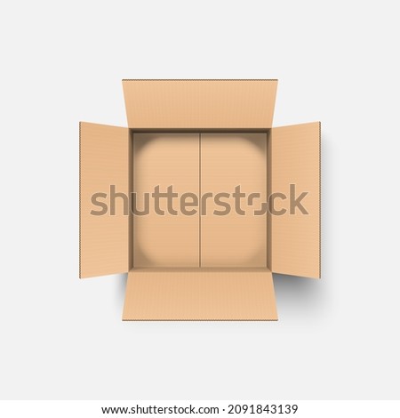 Top view open cardboard box mockup isolated on white background, vector illustration