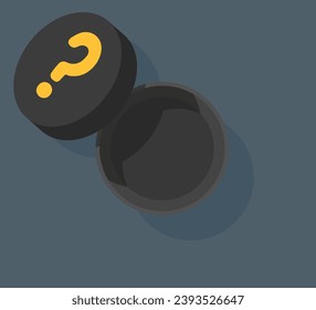 Top view Open Circle Black mystery gift box and question icon on dark blue background. Random reward present secret loot box concept. Vector illustration cartoon flat design.