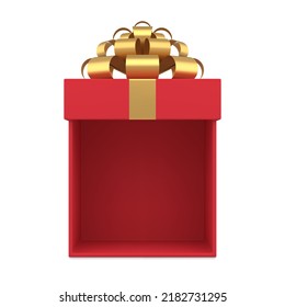 Vista superior abierto clásico caja de regalo rojo vacío y romántico con cinta de arco dorado que pone la sorpresa de vacaciones deseada 3d ilustración vectorial isométrica. Hermoso contenedor de cartón brillante realista con presente