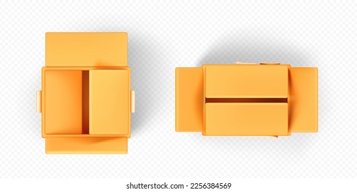Top view open closed cardboard box isolated on transparent background. 3D vector illustration empty delivery package or parcel mockup. Cargo packing, shipping and storage service icon design