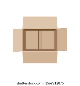 Top view of open empty cardboard box for packaging isolated on white background. Vector illustration
