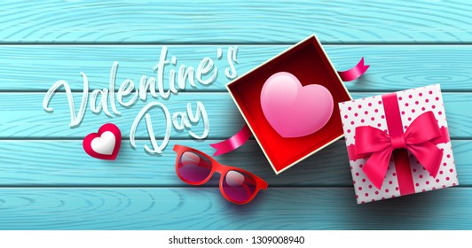 Top view of open gift box for Valentine's Day on wood background.Promotion and shopping template or background for Love and Valentine's day concept.Vector illustration EPS10