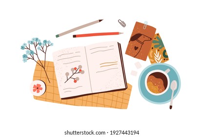 Top view of open notebook or diary with notes, postcards, greeting cards, pens and cup of coffee. Preparation for holidays. Composition of scattered objects. Colored flat vector illustration