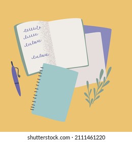 Top view of open notebook or diary with notes, postcards, greeting cards, pens and cup of coffee. Preparation for holidays. Composition of scattered objects. Colored flat vector illustration