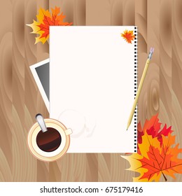 Top view of open notepad with pencil and cup of coffee on wooden background. Flat design template of office workspace with open sketchbook and stationery. Autumn leaves background. Vector Illustration