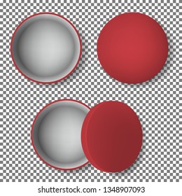 top view of open red round metal box isolated on white background