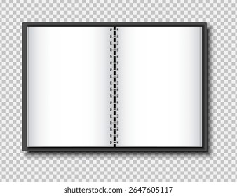 Top view of an open sketchbook or notebook with a metallic spiral spine and white sheets. Usable for design or branding. Ideal for mockups, presentations, or note-taking concepts.