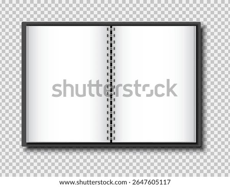 Top view of an open sketchbook or notebook with a metallic spiral spine and white sheets. Usable for design or branding. Ideal for mockups, presentations, or note-taking concepts.