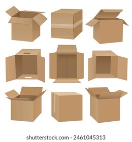 Top view opened cardboard boxes. Deliver craft packages mock up collection, package carton cases isolated vector illustration