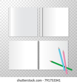 Top View Opened Notebooks on Spiral Bound and Square Closed Book with Empty White Pages. Vector Set.Templates for Mock Up on Transparent Background for Book Shop Store. Clean Pages, Colorful Pencils