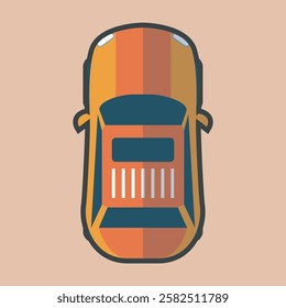 top view orange car with outline flat vector design.