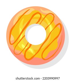 Top view of orange glaze donuts flat item. Cartoon glazed doughnuts with pink, blue, green icing isolated vector illustration. Desserts and sweet snack