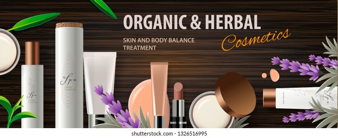 Top view of organic cosmetic products with herbal ingredients, wood background, vector illustration. Modern concept for website and mobile website development.